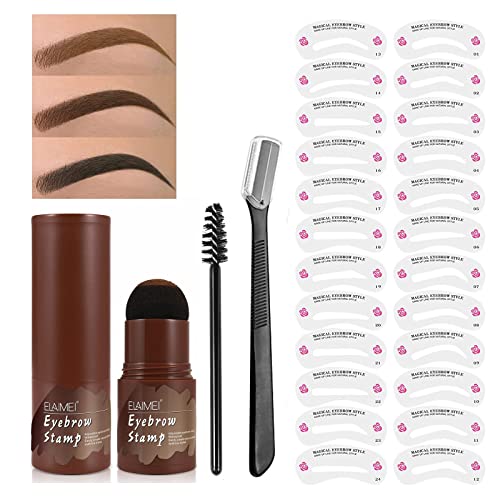 Eyebrow Stamp Stencil Kit, Eyebrow Stamp Kit Waterproof, Eyebrow Stamp Makeup Tools with 24 Reusable Eyebrow Stencils, Eyebrow Pen Brush and Eyebrow Trimmer (Dark Brown)