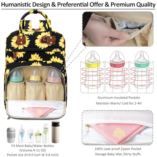 Image of Tenot Diaper Bag Backpack Tote for Women Large Capacity, Baby Bag with Insulated Pockets Multifunctional Diaper Bags For Baby Girl Boy Waterproof Baby Bags For Boys Girls Mama Maternity Bag Sunflower