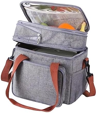 MLUUHK Expandable Double-Layer Lunch Cooler, Lunch Bag With Shoulder Strap, Waterproof and Leak-Proof Insulated Bag for Men, Women, Work, Outdoor Picnic, Travel (Grey)