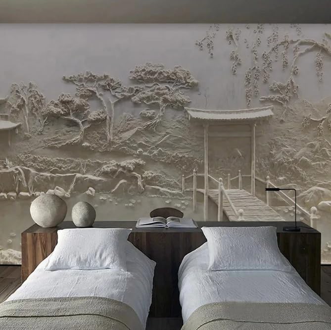 Papier peint 3D style chinois pour agrandir visuellement un salon au mur trop vide