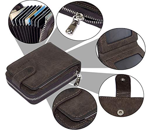 Image of Storite Men's Genuine Leather RFID Blocking Wallet - Zip Around Bifold Design with 11 Card Slots, ID Window & 2 Bill Compartments - Brown (Dark Brown)