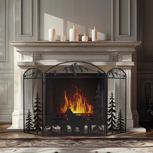 Image of Hogardeck 48 inch x 30 inch Fireplace Screen, 3 Panel Fire Place Cover for Living Room, Christmas Decoration Gate with Polar Bear for Brick Fireplace, Baby Proof, Pet Safety