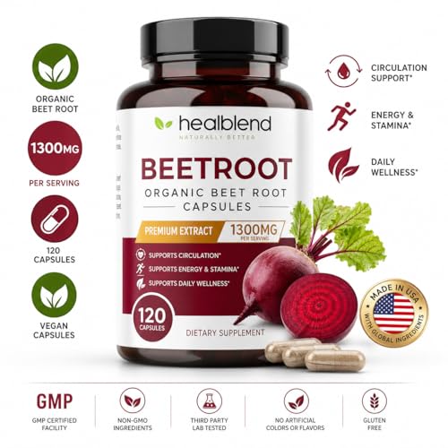 Image of Healbend Organic Beet Root Capsules 1300mg - Nitric Oxide Booster Beets Support Healthy Blood Pressure, Heart Health, Circulation Superfood - 120 Count