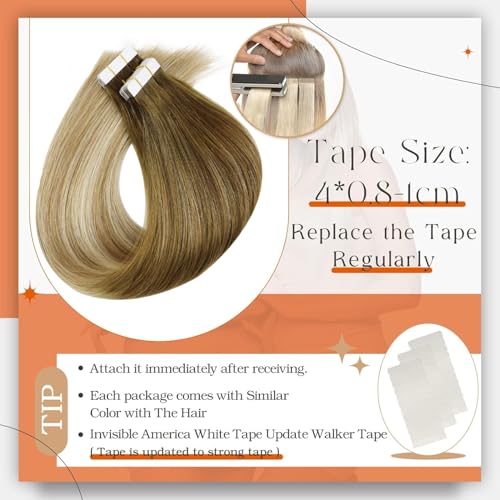 Image of Full Shine Blonde Tape in Human Hair Extensions Color Dark Brown Ombre Ash Brown And Blonde Tape Extensions Real Remy Hair 16 Inch Hair Extensions Tapes in 50Gram Invisible Tape Hair Add Volume 20Pcs