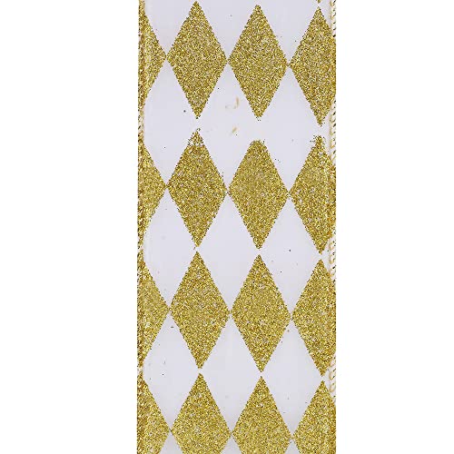 Image of White Gold Diamonds Christmas Ribbon - 2 1 /2 inch x 50 Yards, Argyle, Gold Wire Edged, Glitter, Wedding, Wreath Decoration, Garland, Fall, Tree Topper Bow, Gift Wrapping, Mardi Gras