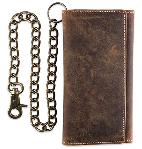 Image of F&L CLASSIC Chain Wallets for Men buffalo premium leather RFID blocking long style Tri-fold for Trucker, bikers, vintage look,buff hunter White stitching,212