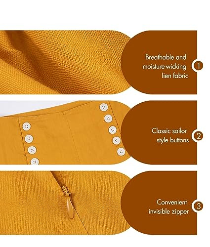 ASSUAL Women's Linen Blend Mid-High Waist Vintage Button Sailor Pants 0793