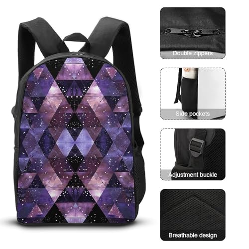 3 Piece Backpack for Women Men Lightweight Causal Daypack Shoulder Bag Set with Insulated Lunch Bag And Pencil Case Organizers Black Triangle Pattern3