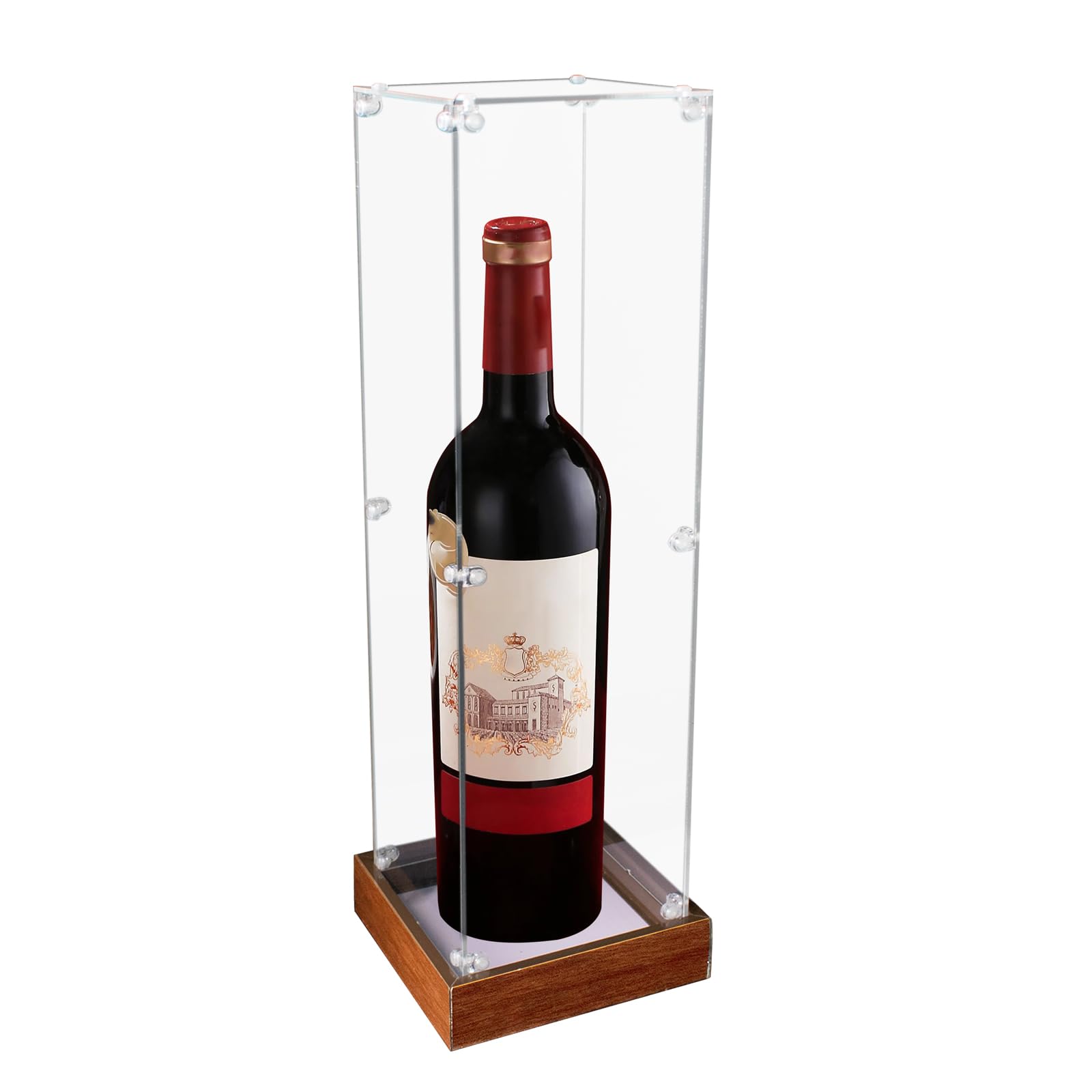 Vitrine à Bouteilles de vin en Acrylique avec Socle en Bois Boîte de présentation pour Bouteilles de vin Rouge Étanche à la poussière pour hampagne, liqueurs, Whisky, bière 10x10x35 cm