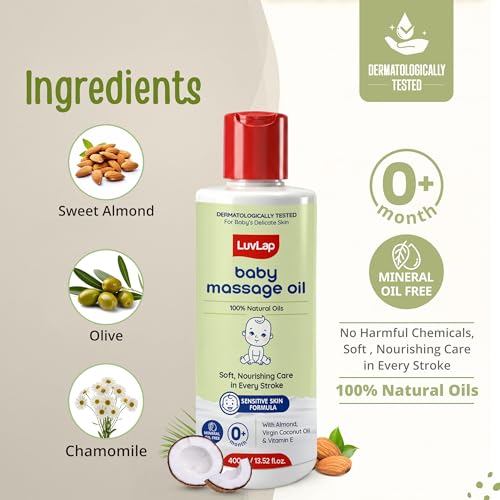 Image of LuvLap Baby Massage Oil with Almond, Virgin Coconut Oil & Vitamin E, Deep Nourishing, Skin Repair & Relaxation, Ayurvedic Non-Sticky Oil for Soft New Born Skin, 100% Natural, Derma Safe, 400ml