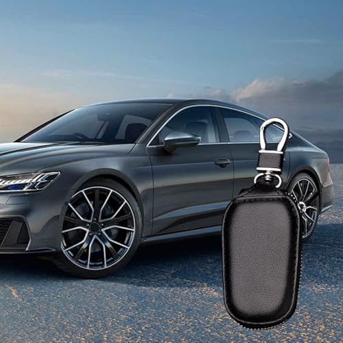 Image of Car Key Case,Universal Auto Key Holder With Metal Hook,Genuine Leather Car Smart Key Chain Keychain Holder Fits For Most Vehicles Black