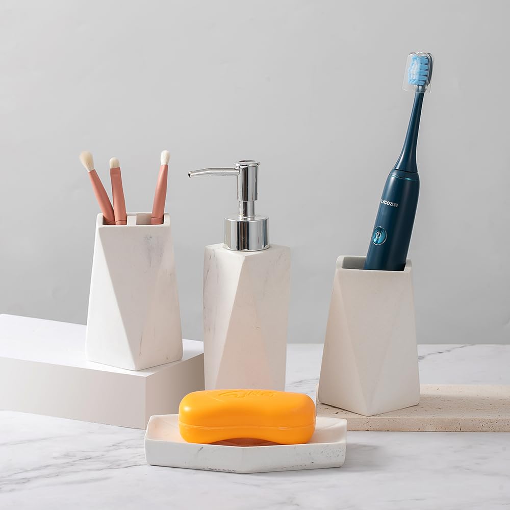 Bathroom Accessory Sets?4 Piece Bathroom Organizer Countertop with Toothbrush Cup,Soap Dispenser,Soap Dish,Tumbler?Imitated Resin Kits Retro Minimalist Style (Prismatic Marble)