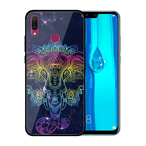 Urhause Tempered Glass Cover Compatible with Huawei Y9 2019 Case Glossy Mirror Case Ultra Thin Starry Sky Hard Cover Elephant Tempered Glass + Soft Silicone Skin Cover Bumper Anti-Scratch Cover