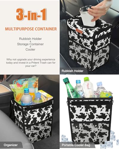 Image of Pritent Car Trash Can with Lid, Cute Leakproof Car Trash Garbage Bag Hanging Vehicle Trash Bin Small Portable Automotive Garbage Cans Organizer for Back /Front Seat /Console(2.8 Gallons,Cow Print)