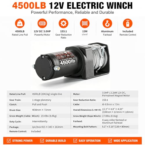 Winche eléctrico impermeable 4500 lbs, 12V DC con control remoto miniatura 3