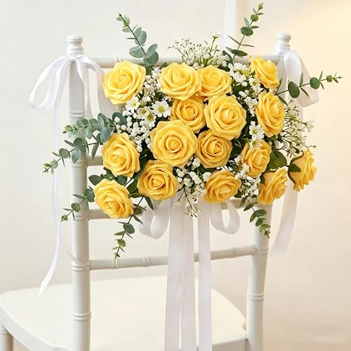 Image of 100Pcs Realistic Yellow Artificial Rose Flower Heads, Fake Yellow Foam Roses for DIY Wedding Decorations Baby Shower Centerpieces Home Party Valentine's Day Mother's Day Decor