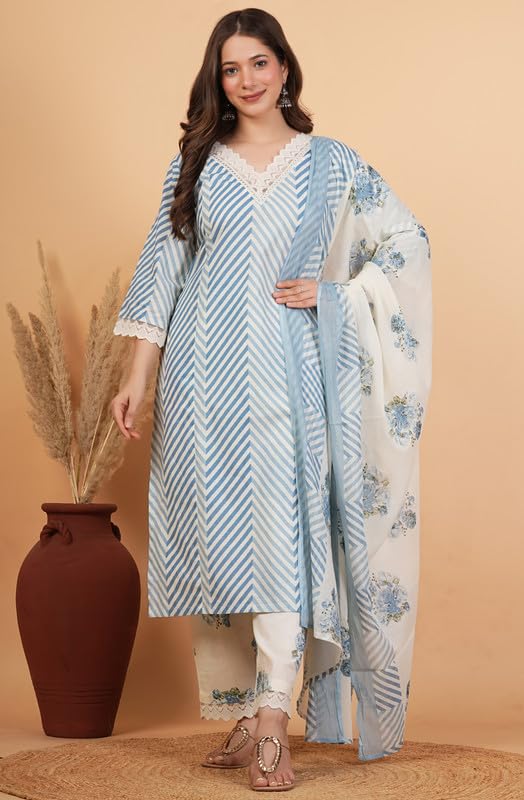 Image of rytras Women Pure Cotton Printed Straight Kurta Set with Palazzo pants & dupatta|Ethnic wear|Kurti Suit Set for Women
