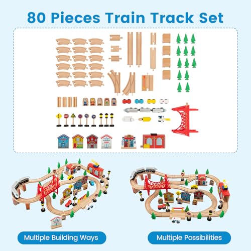 Image of Costzon Train Table, 80 Pcs, Wooden Kids Activity Table Playset with Reversible & Detachable Tabletop, Solid Wood Tracks, Train, Railway, City, DIY Design, Gift for Boys & Girls, Multi-Color