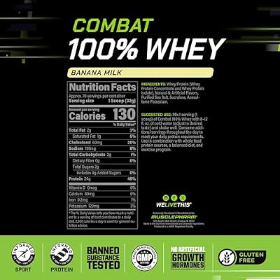 MusclePharm Combat 100% Whey Protein Powder, Banana Milk Flavor, Fast Recovery & Muscle Gain with Whey Protein Isolate, High Protein Powder for Women & Men, Gluten Free, 5 lb, 70 Servings