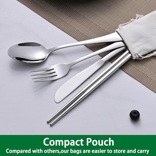 DEHOV Travel Utentils Set With Pouch,Reusable Portable Camping Silverware Set Knife Spoon Fork Chopsticks For Picnic,Travel Accessories Gadgets,Picnic Essentials