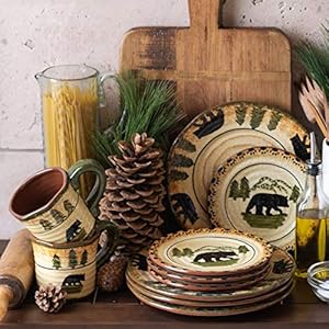Paseo Road by HiEnd Accents Rustic Bear 16 Piece Ceramic Dinnerware Set with Plates, Bowls and Mugs, Rustic Cabin Lodge Style