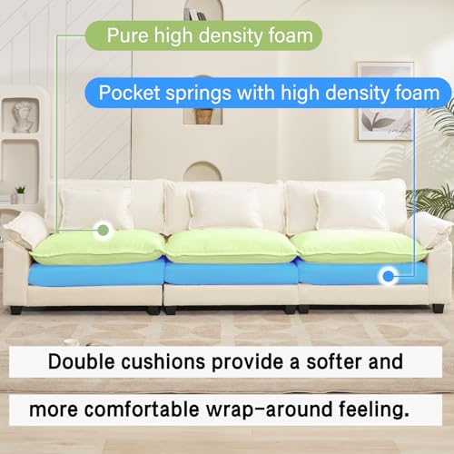 Image of Oprisen 120 inch Modular Sectional Sofa, Comfy Cloud Couch Sectional Sofa, Chenille Sofa Sleeper Deep Seat Sofa with Throw Pillows for Living Room (Beige White, 120 inch- 3 Seater)