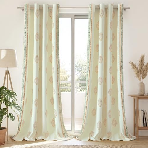 Image of Story@Home Cotton Curtain | Curtains 8 Feet Long Set of 2 | Motif Printed | Bohemian Curtain | Room Darkening Curtain | Semi Long Door Curtains for Living Room | (116 X 242 Cm, Mustard Yellow & Beige)