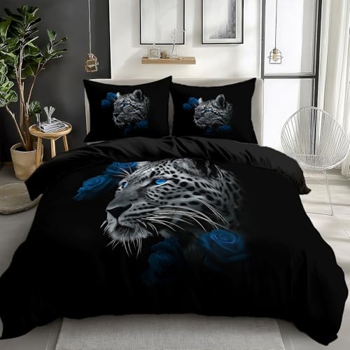 CozyRest Funda Nórdica para Cama 90, Juego 3 Piezas Reversible Suave, Rosa Azul Leopardo Animal fantasía Oscura Patrón, 1 Funda 150 x 200 cm + 2 Fundas Almohada, Ropa de Cama Fauna para Dormitorio