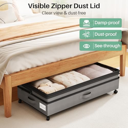 Image of Kitstorack 4 Pack Height-adjustable Under Bed Storage with Wheels, Under Bed Storage Containers,Under Bed Shoe Storage Organizer with Clear Window&Label, Suitable for Clothes Storage, Gray