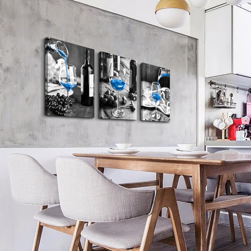 DZRWUBHS Canvas Wall Art For Kitchen Large Wall Decor For Dining Room Black And White Glasses Wine Painting Modern Blue Wine Wall Pictures Art Prints Artwork Bar Restaurant Home Decorations 3 Piece