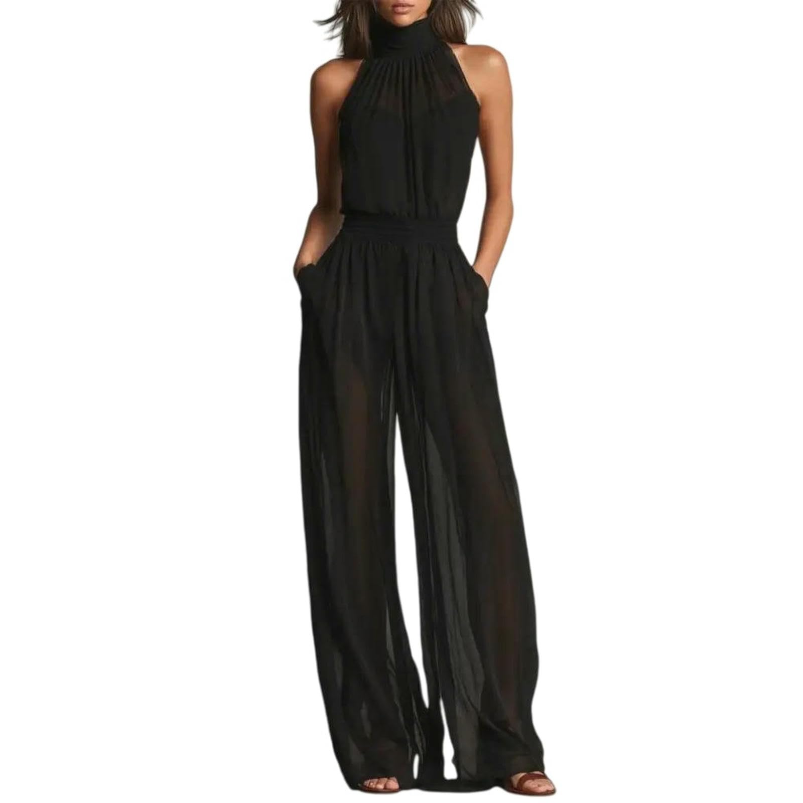 Mono De Verano Mono De Mujer De Cuello Alto, Moderno, Informal, Sin Espalda Y De Pierna Ancha.