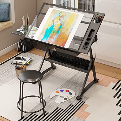 Drafting Desk, Drafting Table for Artists, Height Adjustable Glass Writing Desk with Stool, Tiltable Drawing Table Craft/Art Desk, 2 Storage Drawer, P