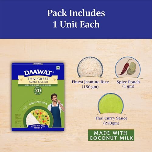 Image of Daawat Thai Green Curry Rice Kit | Ready-to-Cook Meal with Thai Jasmine Rice, Authentic Green Curry Sauce made with Coconut Milk & Spices | Cook in 3 Easy Steps | Serves 3 | Ready in 20 Minutes | 401g