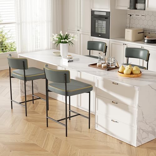 Image of Bar Stools, Faux Leather Counter Height Barstools with Curved Back, 25 Inch Upholstered Bar Chairs, Modern Counter Stools for Kitchen lsland, Grey
