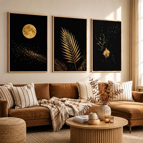 Image of TheMakerly Set of 3 Moon & Golden Palm Leaf Wall Art Paintings for Living Room | Modern Luxury Black Gold Wall Decor | Framed Wall Paintings for Bedroom, Hall, Office & Home Decoration (10x13 Inches)