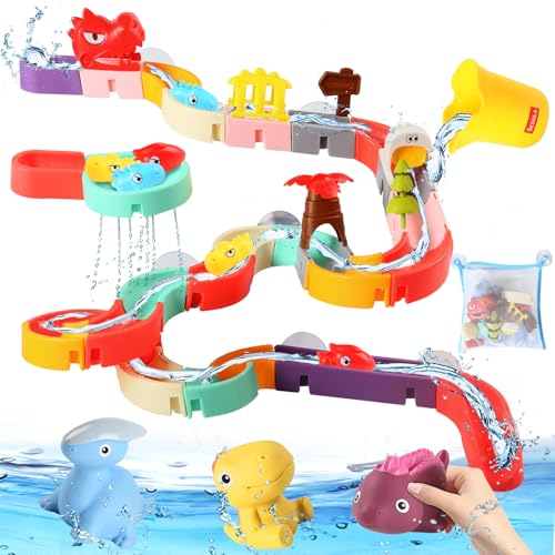 72 PCs Dinosaur Bath Toys DIY Water Slides Toy for Kids Ages 4-8 Bathtub Shower Toys with Rubber Dino Bath Toys for Kids Birthday Gifts