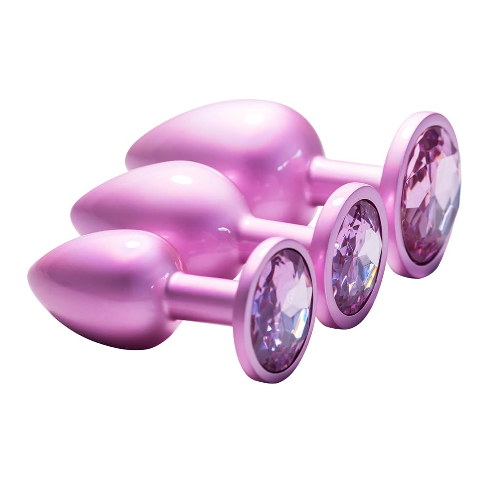 BeHorny Butt Plug Electroplated Pink Metal Anal Plug Set (3 Sizes) Crystal Pink Gem Base