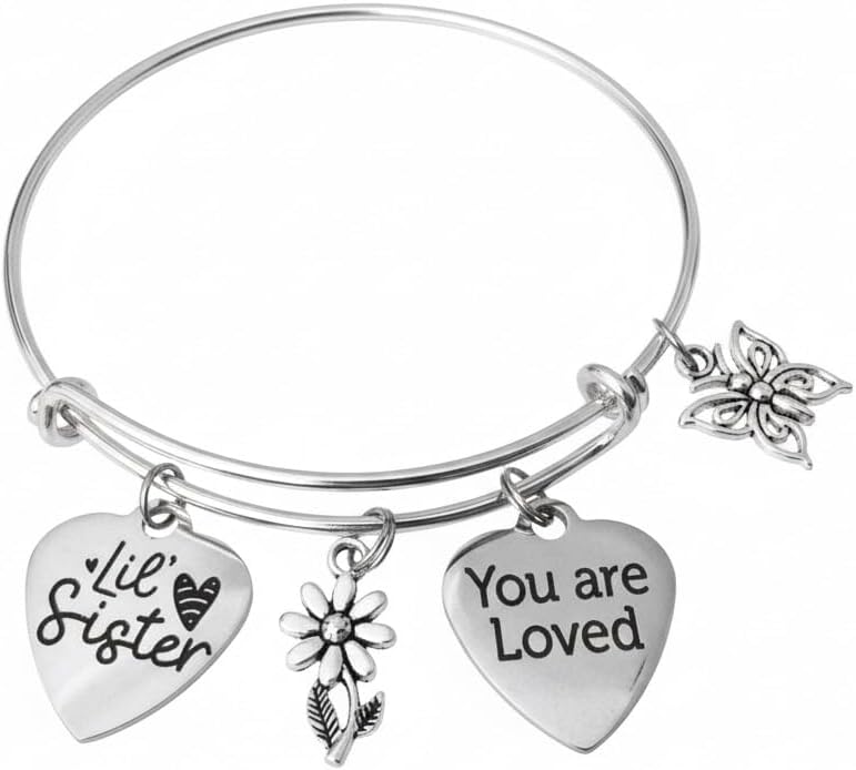 Little Sister Charm Bracelet Silver Plated Adjustable Bangle You Are Loved Sister Gift