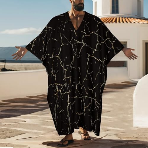 Black Marble Pattern Men's V-neck Robe Middle East Arabian Robe Butterfly Sleeves Kaftan2