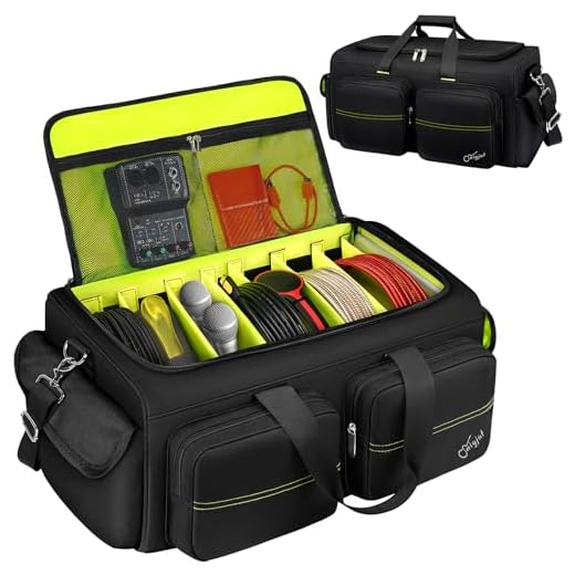 DJ Bag with 8 Removable Dividers, Large Capacity DJ Cable Bag with 6 Pockets for Extension Cords, Mics, Pedals, Cable Bags for Musicians, DJ Equipment Gig Bag with Padded Shoulder Strap, Hyper Green