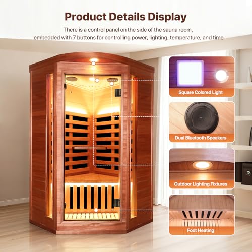 Image of OUTEXER Corner Sauna for One Person Far Infrared Sauna Low-EMF African Mahogany Wood 1300W Indoor Saunas Wood Wax Oil on Outer Surface 37 * 37 * 71Inch
