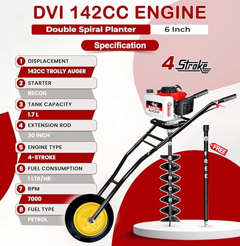 Image of DVI 142CC Trolley Earth Auger Machine, 4-Stroke Petrol Engine - with 6 Inch Double Spiral Planter Bits & Free Extension Rod | for Plantation, Fencing & Post Hole Digging in All Soil Types.