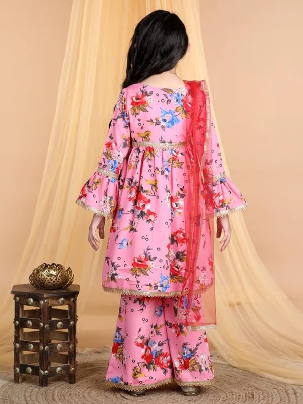Image of Amazon Brand - Anarva Pink Floral Girls Ethnic Kurta Set with Dupatta, Lehenga Choli Wear Traditional Outfit, Festive Dress for Kids
