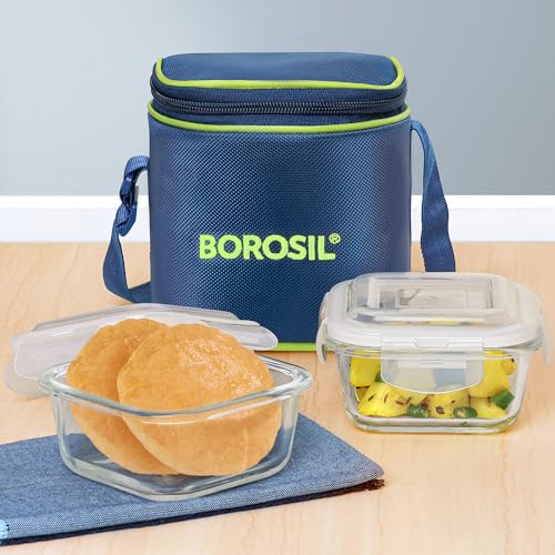 Image of Borosil Klip n Store 320ml x 2 Square Container Lunchbox | Made in India Borosilicate Glass | Microwave & Dishwasher Safe | Tiffin for Office /School /College | Vertical
