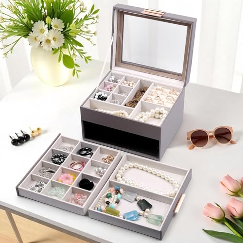 Image of BucketList Luxury PU Leather Jewellery Organizer Box with Glass Top | Multi-Drawer Jewelry Storage Case with Ring Slots & Compartments | Elegant Lockable (2 Drawers Jewellery Box (Grey))