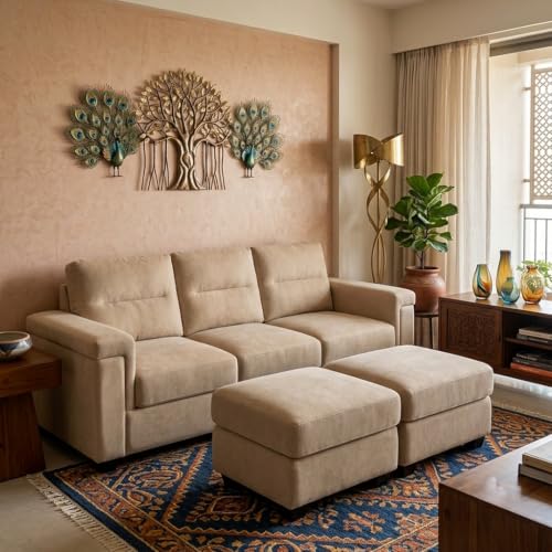 Image of FURNY Parker 3 Seater Sofa Set with 2 Ottomans | Premium Suede Velvet Fabric Finish | Durable Comfort Sofa for Modern Living Room & Office Spaces