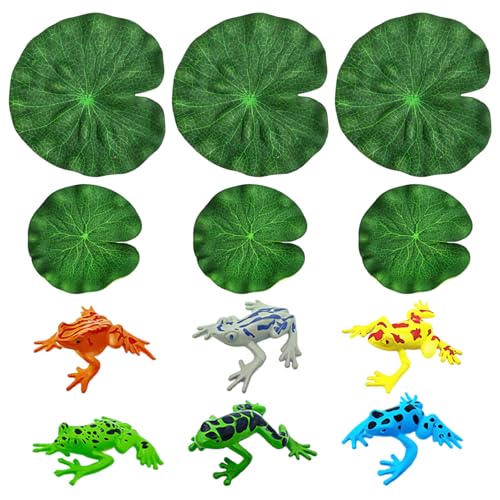 DHSBGWSX 6 adornos de hojas de loto flotantes para estanques, 6 ranas artificiales, accesorios para estanques al aire libre, plantas de hoja de loto para acuarios, hojas de loto artificiales.