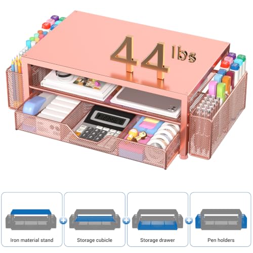 Image of OPNICE Desk Organizers and Accessories, Computer Monitor Stand Riser with Drawer and 2 Pen Holders, Printer & Laptop Stand, Office Desk Accessories & Workspace Organizers for Home Office Supplies, Rose Gold