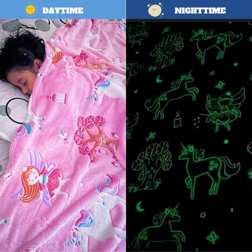 Image of Famyo Queen Size Glow in The Dark Blanket for Kids - Unicorn & Fairy | 200x152 cm, 0-15 Years | Soft Flannel Fleece Throw | Cozy & Warm All-Season Glow Blanket | Ideal Gift for Boys & Girls (Pink)