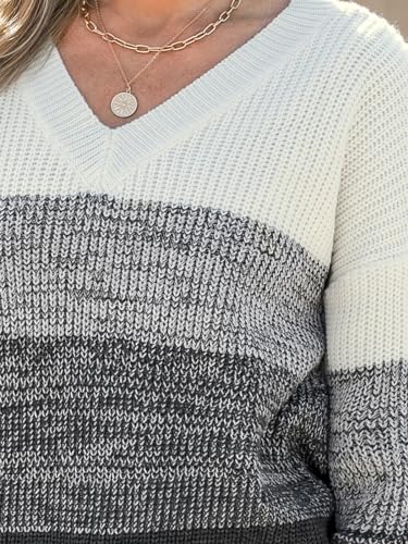 Image of CUPSHE Women Sweater Striped V-Neck Tops Long Drop Sleeve Pullover Casual